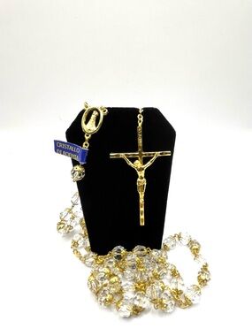 Gold Crucifix Rosary Necklace with Clear Bohemian Crystal Beads 59 Beads Mary